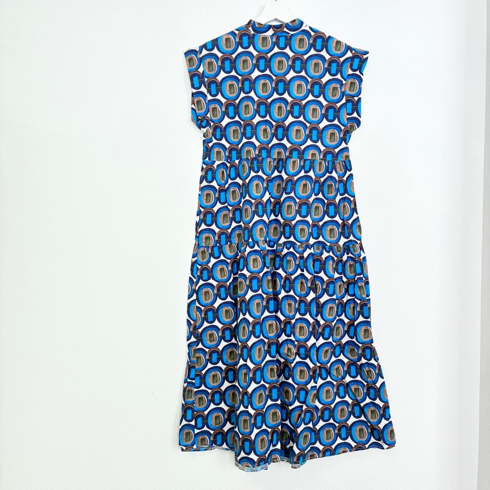 Made in Italy Blue Geometric Print Cotton tiered sleeveless midi dress
